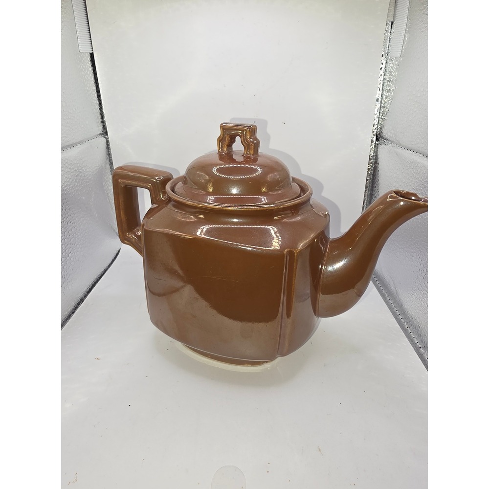 Vintage Brown Ceramic Teapot Made in Japan Art Deco Square Geometric Design